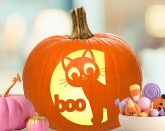Cat Pumpkin Stencil, Cute Cat Pumpkin Carving Stencil, Halloween Jack-O-Lantern Template, Kitty Stencil