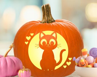Cat Pumpkin Stencil, Cute Cat Pumpkin Carving Stencil, Halloween Jack-O-Lantern Template, Kitty Stencil