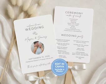 Wedding Program Fan Template, Wedding Program Fans, Wedding Fan Program, Editable Canva Template