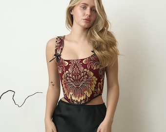 Corsé renacentista floral, top de jacquard con cordones y bustier con ballenas (XS-3XL)