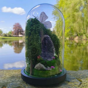 Amethyst Geode Glass Bell Jar, Enchanted Forest and White Butterfly Decoration, Fairy Cabinet of Curiosities, Handmade in France