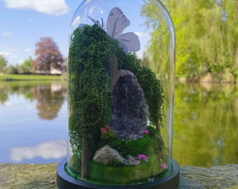 Amethyst Geode Glass Bell Jar, Enchanted Forest and White Butterfly Decoration, Fairy Cabinet of Curiosities, Handmade in France