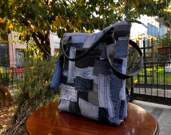 Upcycled Denim Patchwork Backpack Tote, Convertible Shoulder Bag