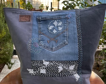 Handmade Upcycled Denim Tote Bag: BORO Sashiko Embroidery, Sustainable Shoulder Bag