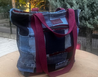 Upcycled Denim Patchwork Tote | Handmade Burgundy Strap Shoulder Bag