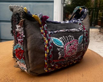 Handmade Boro Denim Shoulder Bag, Upcycled Patchwork Purse