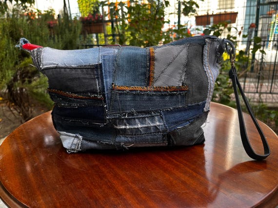 Handmade Denim Patchwork Clutch: Upcycled Jeans Wristlet Purse