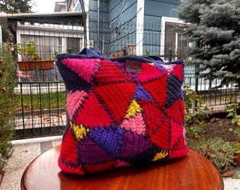 Colorful Crochet Patchwork Tote Bag, Upcycled Scrap Yarn, Boho Hippie Handbag