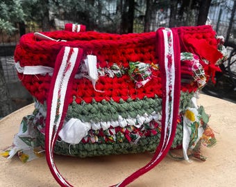 Handmade Upcycled Fabric Crochet Bag: Red, Green, White Boho Tote