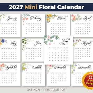Op de afbeelding: Een 2027 mini bloemenkalender met 12 individuele maandpagina's, elk versierd met unieke aquarel bloemillustraties. De kalender meet 7,62x7,62 cm en wordt gepresenteerd als een printbare PDF met elegante maandtitels in cursief schrift.
