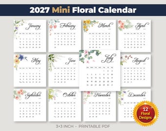 2027 Mini Floral Calendar Printable | 3x3 Inch Desk Calendar (PDF Download)