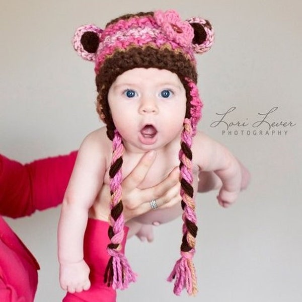 Girls Hat, SALE, Pink and Brown Bear Heat, Baby Girl, Toddler Girl