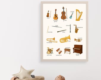 Muziekinstrumenten poster voor kinderen, decor muziek klas, Montessori muziek print, muziekleraar, educatieve muur kunst, afdrukbare download