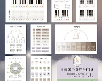 Paquete de pósteres de teoría musical para niños, gráficos imprimibles para el aula de música, notas de piano, símbolos y arte mural de teoría para principiantes, descarga instantánea.