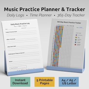 May include: Two white music practice planners with blue stands. The left planner is a daily log, and the right is a 365-day tracker. Text on the image includes "Music Practice Planner & Tracker," "Daily Logs," and "Instant Download."