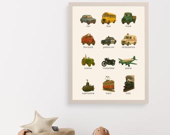 Vintage Transport Poster, Kids Vehicles Wall Art Printable, Transportation Nursery Decor, Cars Trucks Planes Print, Montessori Classroom Art