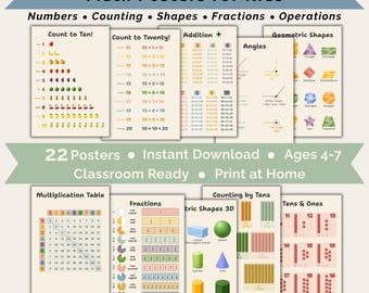 Preschool Math Posters, Early Learning Charts, Classroom Decor (Digital Download)
