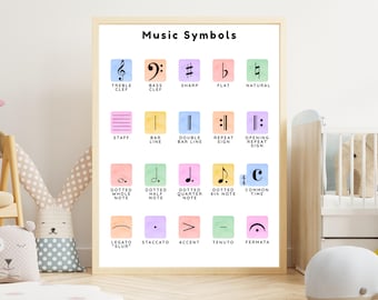 May include: A framed poster titled "Music Symbols" shows musical notations in colourful blocks. Symbols include clefs, sharps, flats, and notes, with labels like "Treble Clef" and "Dotted Whole Note". The poster is in a light wood frame.
