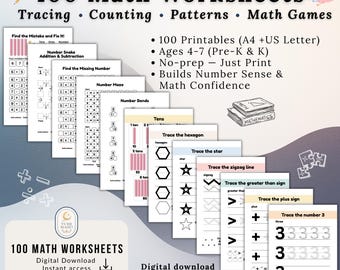 100 Math Worksheets | Tracing, Counting, Patterns (PDF Printable) Ages 4-7