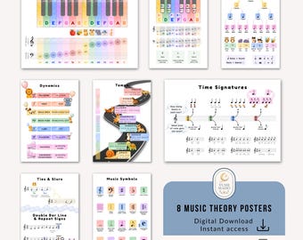 Pósteres de teoría musical para niños, decoración imprimible para el aula de música, tabla de notas de piano, símbolos musicales para principiantes, arte mural Montessori (paquete de 8)
