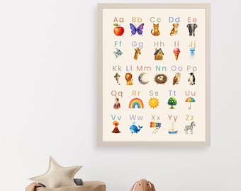 Watercolor Alphabet Poster for Kids, ABC Wall Art, Montessori Learning Print, Nursery & Classroom Decor, Preschool Educational ABC Chart