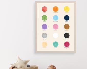 May include: A framed watercolor print featuring a color chart with 15 different color swatches. Each swatch is a circle with the color name written below it. Colors include red, orange, yellow, green, sky blue, navy, purple, pink, brown, gray, black, peach, teal, and magenta.