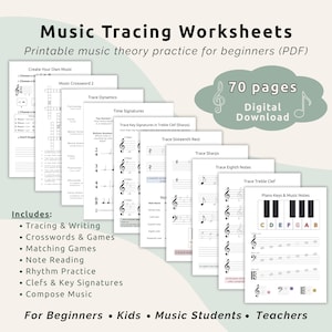 May include: A collection of printable music tracing worksheets for beginners. The worksheets include tracing and writing exercises, crosswords, note reading, and rhythm practice. The image includes the text "Music Tracing Worksheets" and "70 pages Digital Download".