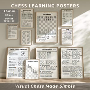 Paquete imprimible de conceptos básicos de ajedrez, cómo se mueven las piezas, pósteres de reglas y tácticas para principiantes, guía de aprendizaje para niños, descarga digital para educación en casa