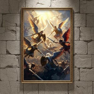 Könnte beinhalten: Ein gerahmtes Kunstwerk, das eine himmlische Kampfszene darstellt. Engel mit Schwertern und Schilden kämpfen am Himmel, mit goldenen und roten Flügeln. Das Kunstwerk ist vor einem hellen, himmlischen Licht platziert.