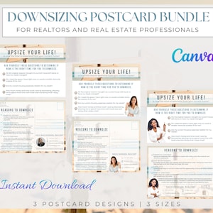 May include: A postcard bundle for realtors and real estate professionals. The design features three postcard designs with the text "Upsize Your Life!" and "Reasons to Downsize." The words "Instant Download" and "3 Postcard Designs | 3 Sizes" are also visible.