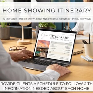May include: A laptop displaying a real estate home showing itinerary. The screen shows a house photo, property details, and a schedule. The text at the top reads "HOME SHOWING ITINERARY". The bottom text says "PROVIDE CLIENTS A SCHEDULE TO FOLLOW & THE INFORMATION NEEDED ABOUT EACH HOME."