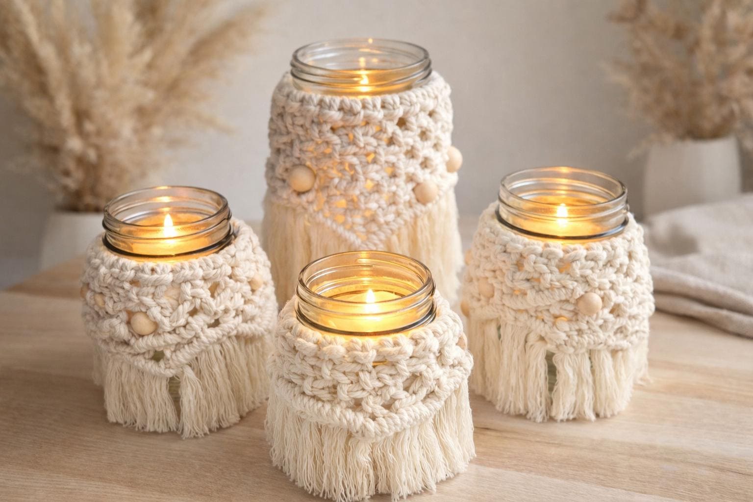 Macrame Mason Jar Cover Boho Candle Holder with Wooden