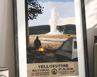 Yellowstone National Park Camping Poster, Old Faithful WPA Style druckbare Wandkunst, Vintage Reisedruck