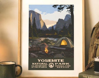 Yosemite Nationalpark Camping Poster, WPA Stil druckbare Wandkunst, Vintage Reisedruck, Camper Geschenk