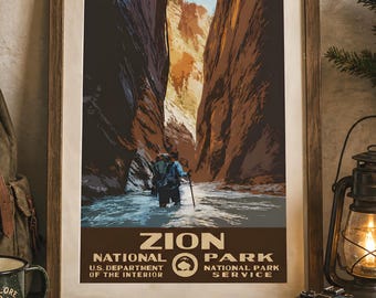 Zion Nationalpark Camping Poster, N selber Rucksack, WPA Stil druckbare Wandkunst, Wandergeschenk