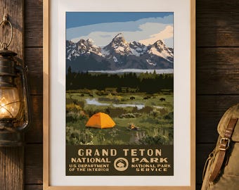 Grand Teton National Park Camping Poster, Berge im WPA-Stil druckbare Wandkunst, Vintage Reisedruck