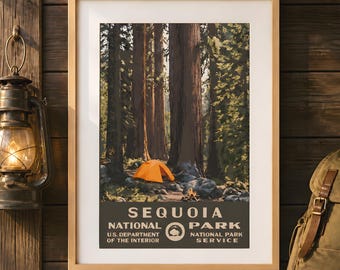 Sequoia National Park Camping Poster, Riesenbäume WPA Style druckbare Wandkunst, Vintage Reisedruck