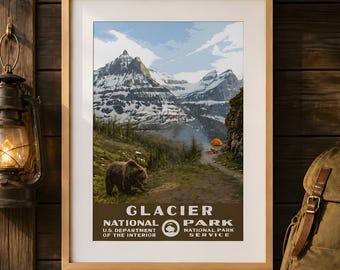 Glace-Nationalpark Camping Poster, Bergsee WPA-Stil druckbare Wandkunst, Vintage Reise-Druck
