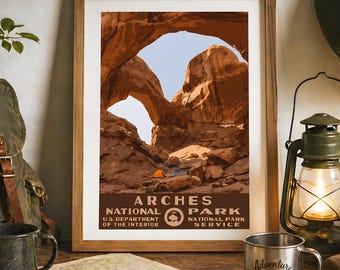 Arches National Park Camping Poster, Red Rock WPA Stil druckbare Wandkunst, Vintage Wüsten Reisedruck