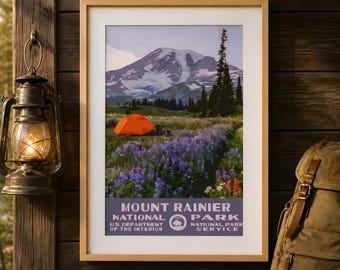 Mount Rainier Nationalpark Camping Poster, Berge im WPA-Stil druckbare Wandkunst, Vintage Reisedruck