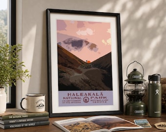 Haleakalā National Park Camping Poster, Maui Sunrise WPA Style Printable Wall Art, Vintage Hawaii Travel Print