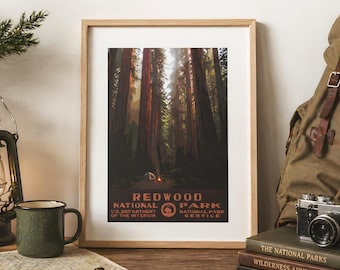 Redwood National Park Camping Poster, Riesenmammutbäume WPA-Stil druckbare Wandkunst, Waldreisedruck