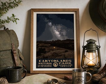 Canyonlands National Park Camping Poster, Utah Canyon WPA Style Printable Wall Art, Vintage Desert Travel Print
