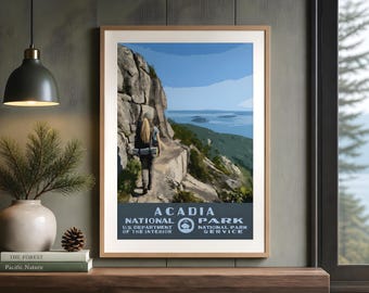 Acadia Nationalpark Backpacking Poster, Küsten WPA Stil druckbare Wandkunst, Vintage Reise-Druck