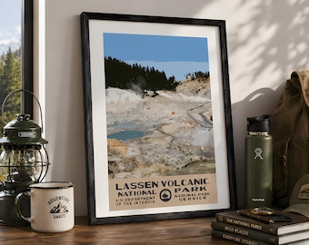 Lassen Volcanic National Park Camping Poster, Volcano WPA Stil druckbare Wandkunst, Vintage Kalifornien Reisedruck