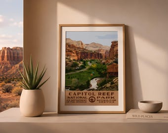 Cappol Reef National Park Camping Poster, Red Rock WPA Stil druckbare Wandkunst, Vintage Utah Reise Druck