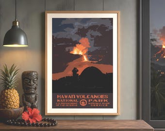 Hawaii Volcanoes Nationalpark Camping Poster, Volcano WPA Stil druckbare Wandkunst, Vintage Hawaii Reise-Druck