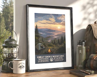 Great Smoky Mountains National Park Camping Poster, WPA Stil druckbare Wandkunst, Vintage Reisedruck