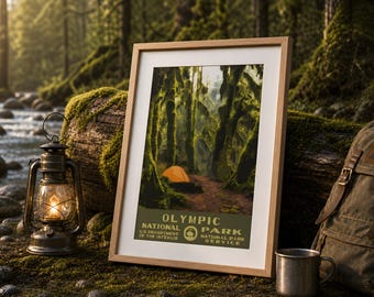 Campen Poster im Regenwald WPA-Stil, Art druckbare Wandkunst, Vintage Reisedruck