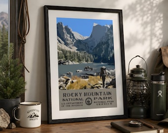 Rocky Mountain National Park Camping Poster, Alpiner WPA Stil druckbare Wandkunst, Vintage Reisedruck